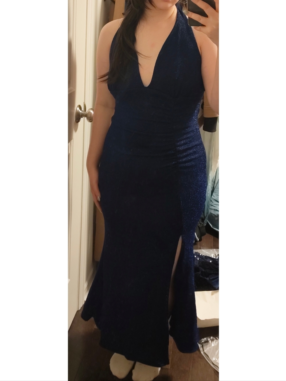Navy Sparkle Halter Evening Gown with Thigh Slit